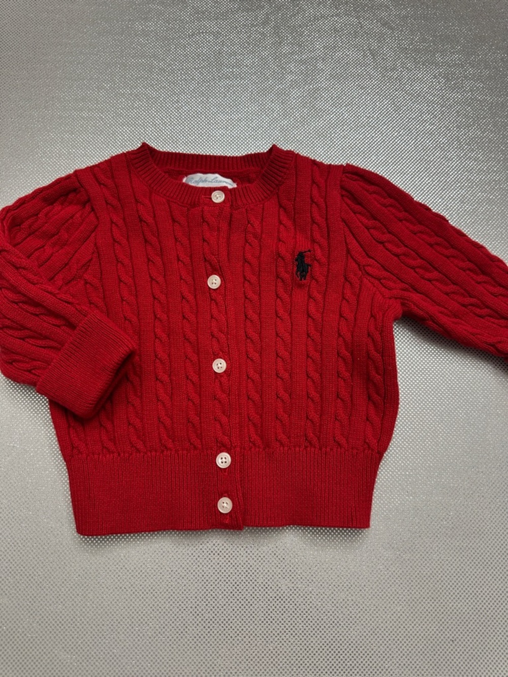 Ralph Lauren Red Cable Knit Kids Cardigan with Navy Pony